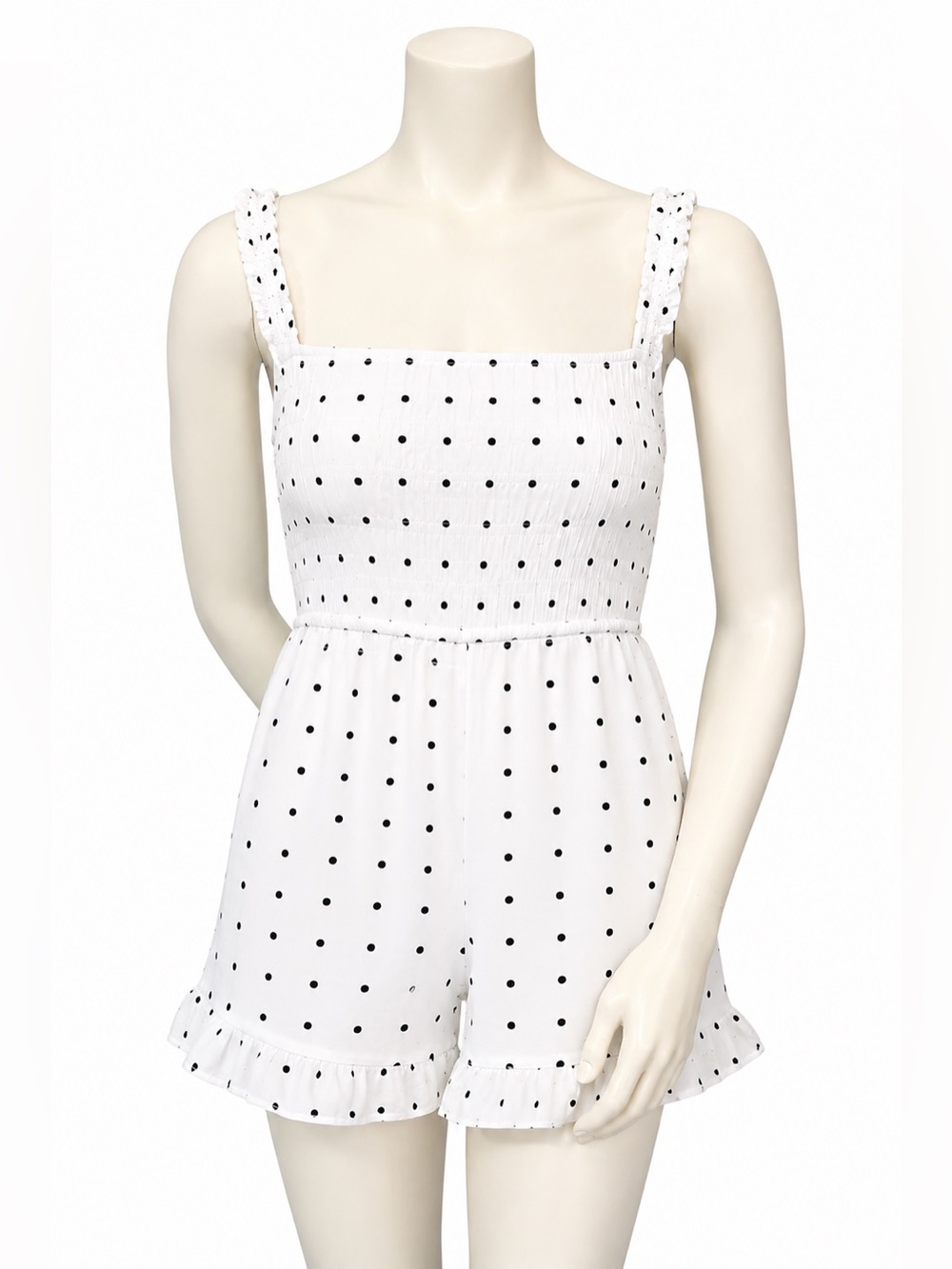 White Birch Romper Size S White Black Polka Dot Smocked Ruffle - Picture 2 of 11
